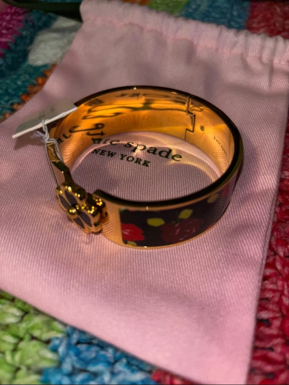kate spade Gold-Tone Floral Enamel Hinged Bangle with Clover Charm - Picture 2 of 3